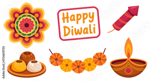 Happy Diwali vector clip art featuring colorful rangoli, traditional sweets, firecracker, glowing diya lamp, and marigold garland, perfect for Indian festival greeting cards and celebration designs