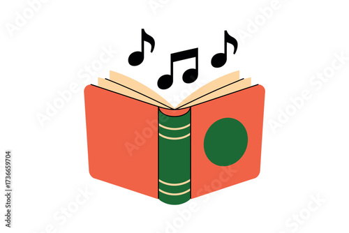 An open book with musical notes floating above it in a flat design