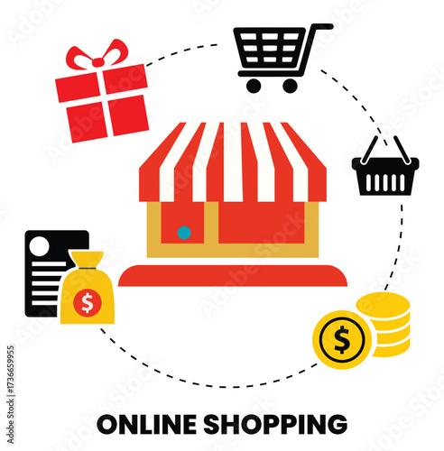 Online Shopping Vector Illustration – E-Commerce, Mobile Payment, and Digital Retail Concept with Cart and Smartphone Icons