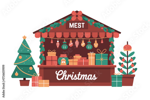Illustration of a christmas market stall with gifts and a tree nearby