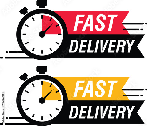 Fast Delivery Icon Set with Stopwatch | Red and Yellow Express Service Graphics for Online Shopping, E-commerce, and Logistics