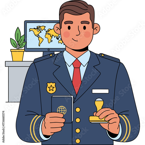 Professional male border control officer processing a passport with a stamp at an immigration desk, ensuring international travel security and compliance.