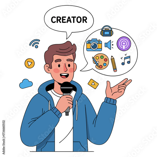 Dynamic digital content creator communicating ideas and inspiring audiences, surrounded by multimedia tools for podcasting, videography, and artistic projects.