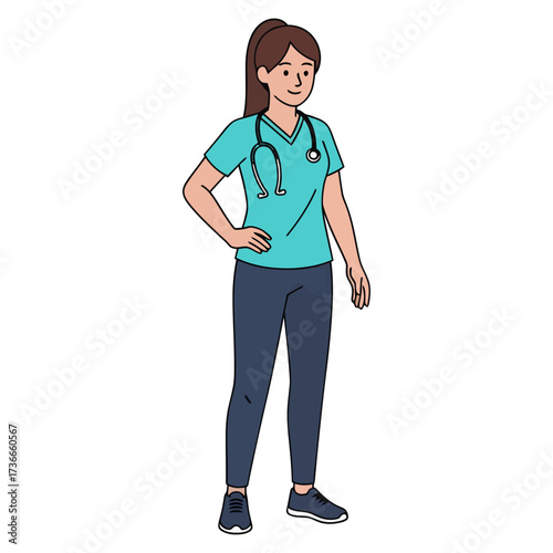 Professional female nurse character illustration wearing medical scrubs and a stethoscope, symbolizing compassionate healthcare, patient support, and essential frontline medical services.