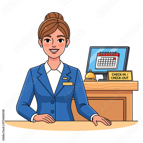 Friendly hotel receptionist at the front desk, ready to assist guests with check-in, check-out, and general inquiries, featuring a computer with a calendar and service bell.