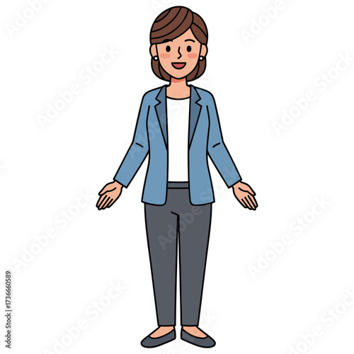 Professional Woman Illustration Presenting or Welcoming with Open Arms, A Friendly Female Character Standing with a Confident and Approachable Expression