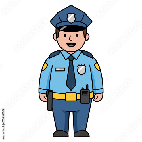 Friendly cartoon police officer standing and smiling, representing law enforcement, security, and community service in a simple, approachable vector illustration.