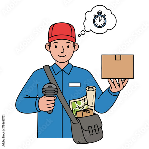 Smiling Courier with Package and Scanner, Ready for Prompt Delivery. Illustration Highlighting Efficient Shipping, Fast Logistics, and Reliable Service for Modern Business Needs.