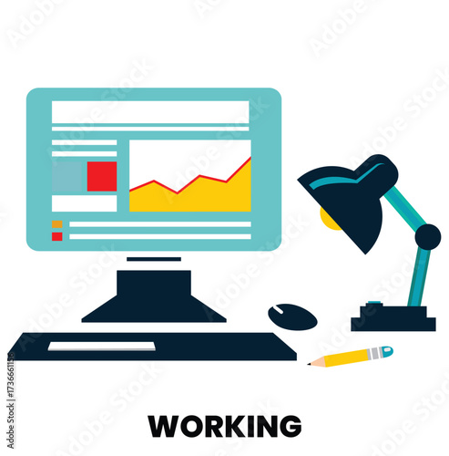 Working Vector Illustration – Office Productivity, Team Collaboration, and Business Task Management Concept with Icons