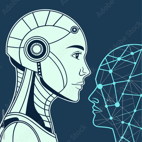 Robot and human head facing each other with network