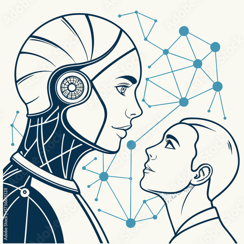 Robot and human looking at each other with network
