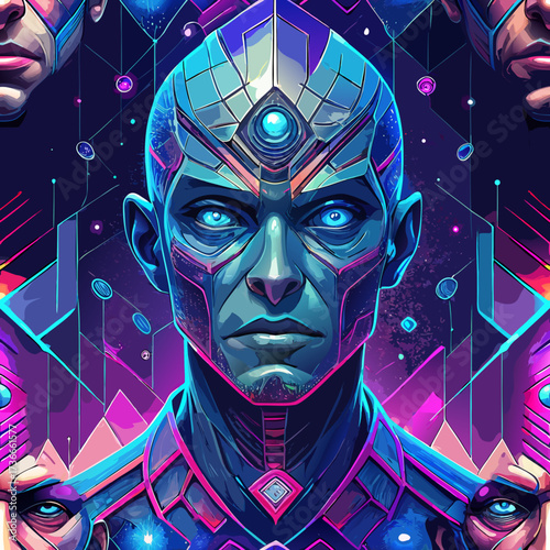 Sci- Fi Android Portrait with Blue Eyes and Geometric Patterns