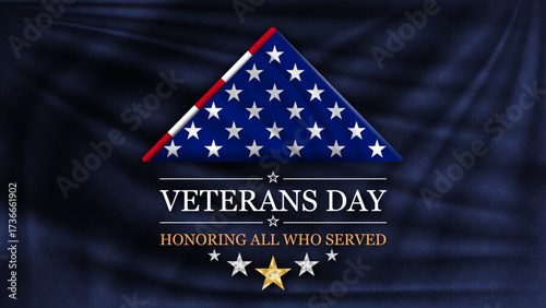 Veterans day banner background with folded flag of United States. Honoring all who served. November 11 Veterans day National holiday of the USA. Vector illustration.