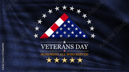 Veterans day banner background with folded flag of United States. Honoring all who served. November 11 Veterans day National holiday of the USA. Vector illustration.