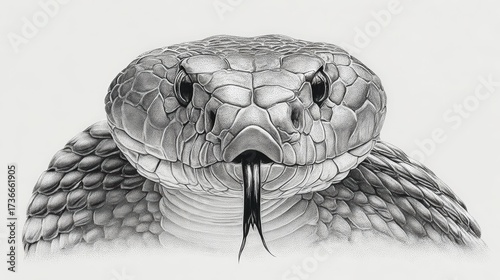 A detailed illustration of a snake with its forked tongue extended. The image is a close-up of the snake's head. pencil sketch, realistic drawing, black and white
