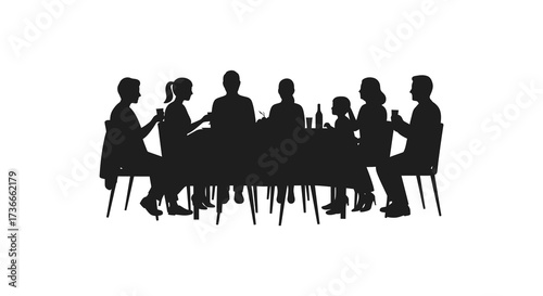 Silhouette of a diverse group of people gathered around a long table enjoying a meal together