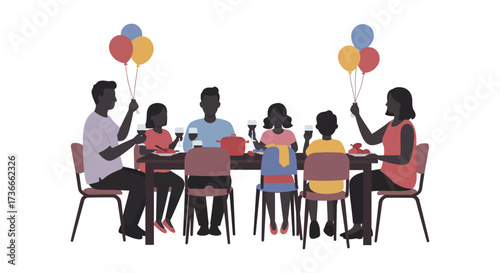 Happy family celebration gathering around table with balloons kids birthday party festive joyful occasion