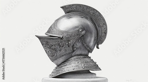 An ornate medieval helmet, a symbol of chivalry and warfare. The helmet is intricately detailed, displaying fine craftsmanship and design. pencil sketch, realistic drawing, black and white