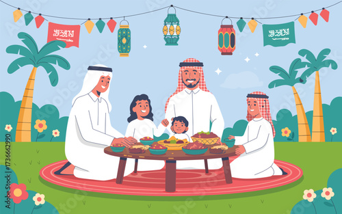 Saudi Arabian Family Enjoying Outdoor Meal Celebration