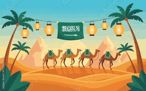 Saudi Arabia desert caravan with palm trees and lanterns