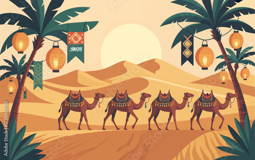 Caravan of camels walking through desert dunes at sunset with palm trees and lanterns