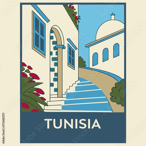 Explore Tunisia's stunning architecture and vibrant culture with this captivating travel poster art, perfect for travel blogs and destination marketing materials