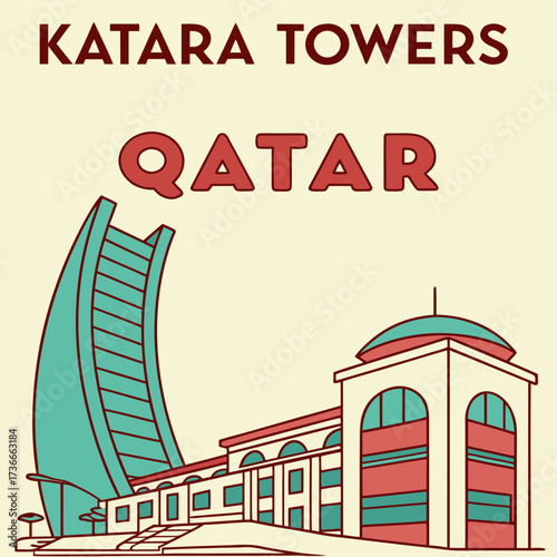 Striking Katara Towers Illustration Showcasing Qatar's Skyline, Perfect for Travel, Tourism, and Architectural Projects, Modern Landmark Design