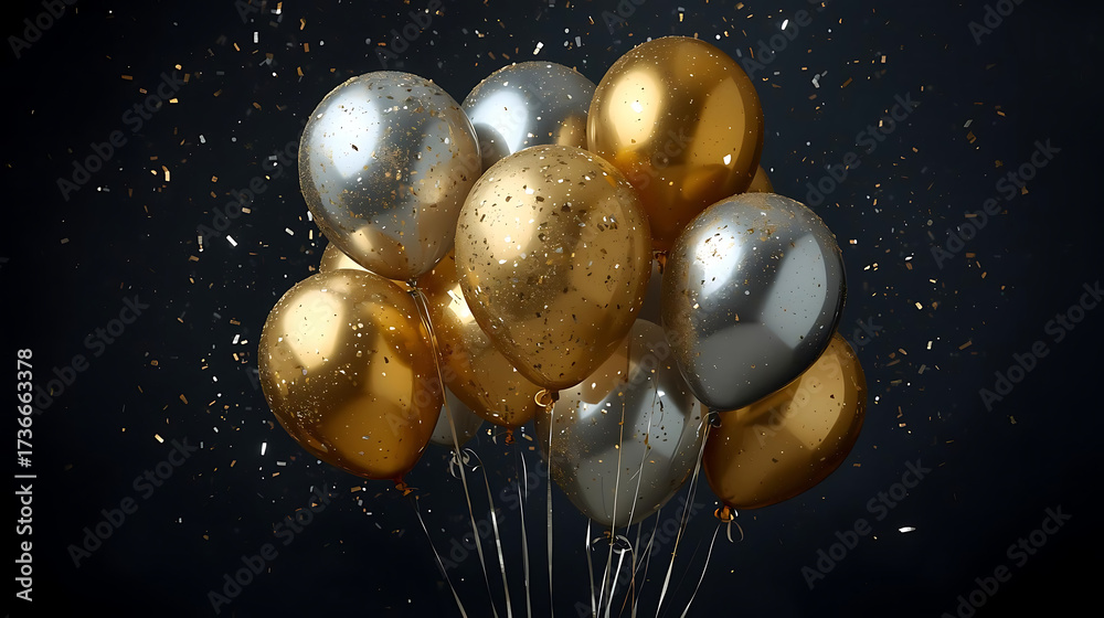 Fototapeta premium Elegant Gold and Silver Balloons Against Dark Backdrop