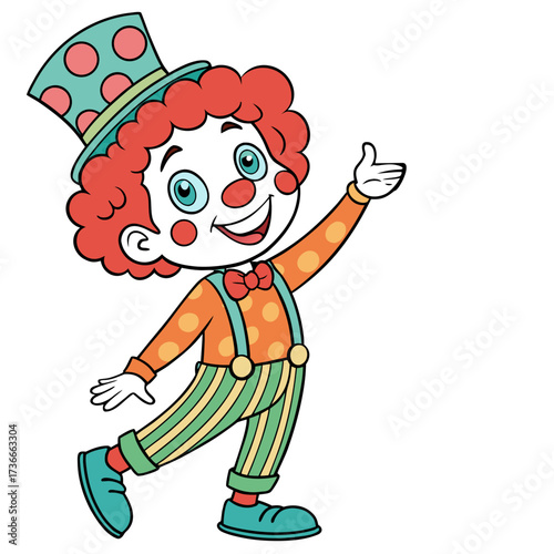 Delightful clown character with a cheerful smile and colorful costume, perfect for fun designs and joyful celebrations, a vector based illustration