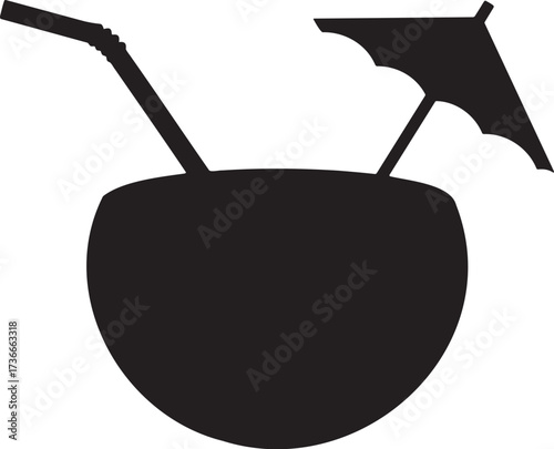 Coconut Drink Vector Icon – Tropical Cocktail with Straw and Umbrella.