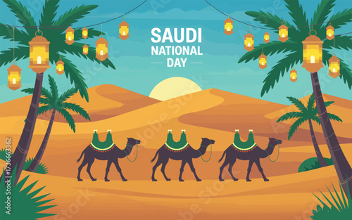 Saudi National Day desert caravan with palm trees and lanterns