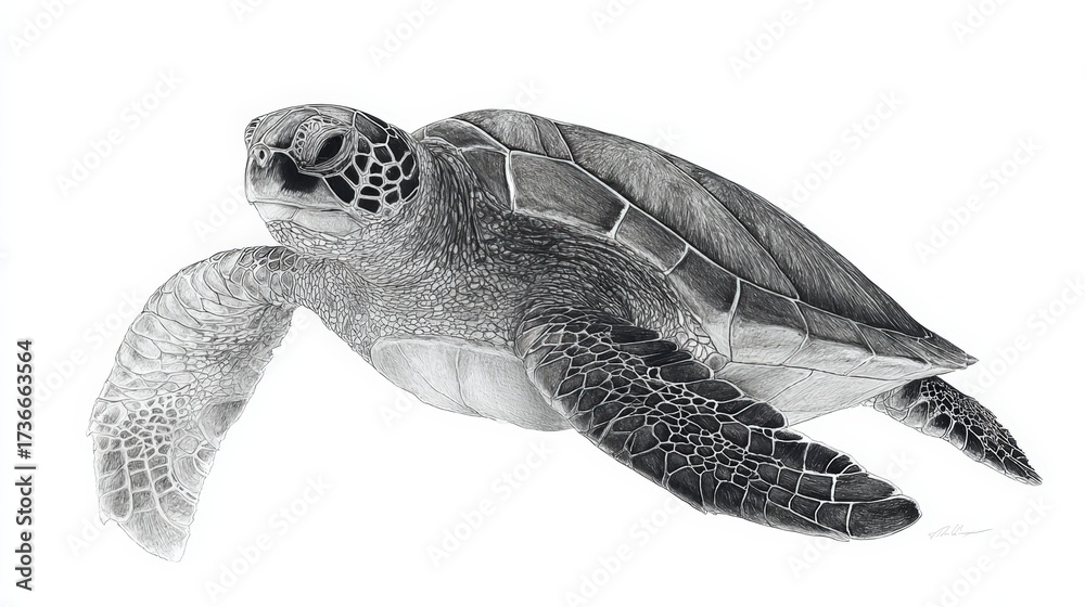 Fototapeta premium A detailed depiction of a swimming sea turtle, its shell patterns and form clearly visible. The turtle gracefully moves through water. pencil sketch, realistic drawing, black and white