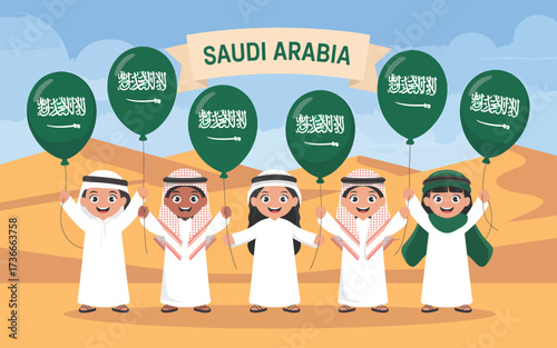 Children in Saudi Arabia traditional dress holding balloons with national flag