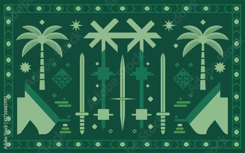Green geometric pattern with palm trees and swords