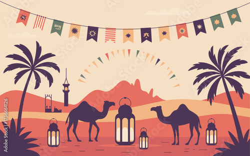 Desert scene with camels lanterns and palm trees landscape