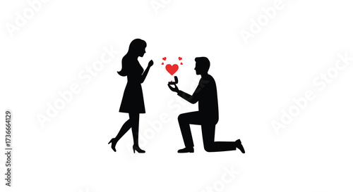 Romantic couple silhouette proposal moment man kneeling offering flowers ring love celebration