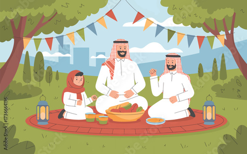 Family picnic with food and lanterns under a tree outdoor
