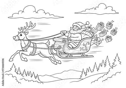 Illustration of santa claus riding reindeer sleigh with gifts in winter forest for coloring book