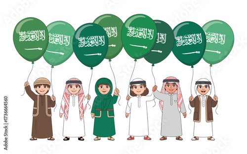 Children holding Saudi Arabian flag balloons green