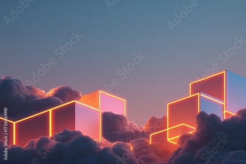 Shimmering geometric shapes emerge from vibrant clouds, creating