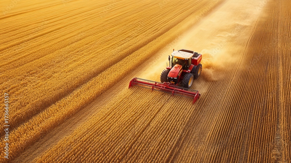 Obraz premium Modern red tractor harvesting wheat field with dust trail in golden agriculture landscape