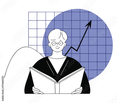 Young person with glasses reading a book in front of a rising stock market graph