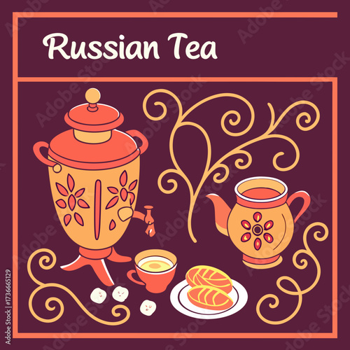 Elegant russian tea illustration featuring a samovar teapot cup and pastries all framed with decorative swirls against a dark background