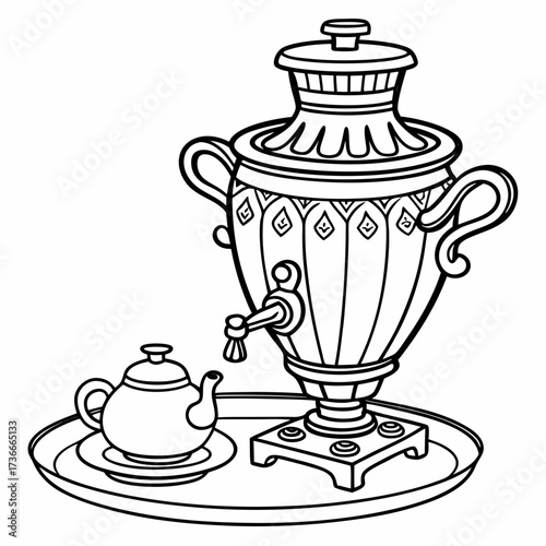 Elegant samovar and teapot on a tray in a detailed black and white line art illustration perfect for coloring books and creative design projects