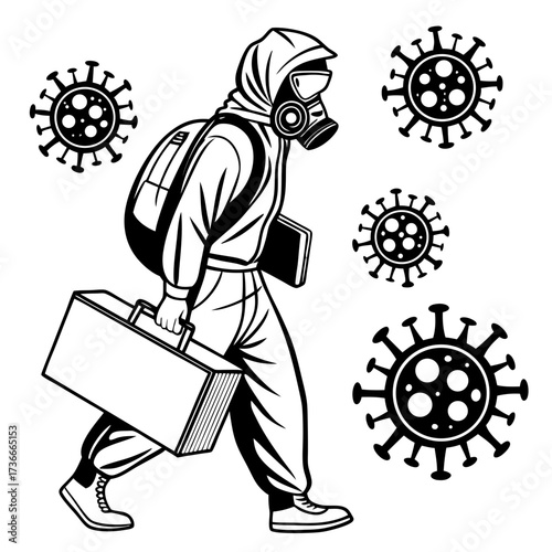 Person in hazmat suit walking with briefcase surrounded by virus icons representing disease control and safety measures during a pandemic situation