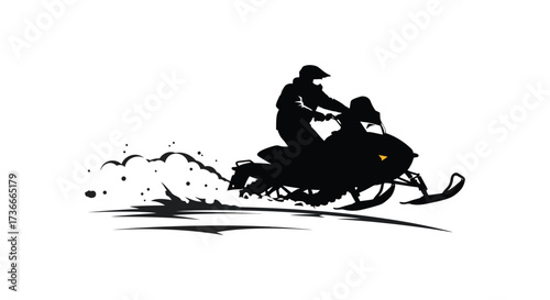 Dynamic silhouette of two people riding a snowmobile through snowy trails with snow spray