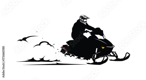 Dynamic silhouette of snowmobile rider in action generating snow spray and action