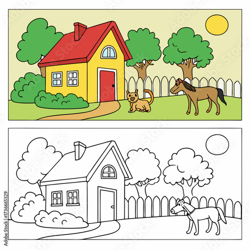 Cartoon illustration of a house with a red roof a cat and a horse in a yard under the sun with a coloring page version below it for creative fun
