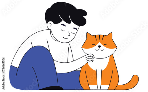 Young boy sitting and petting his orange and white cat with affection
