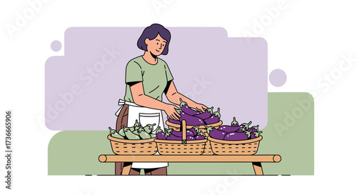 Farmer Displays Fresh Eggplants For Sale At The Market In Cute Vector Illustration